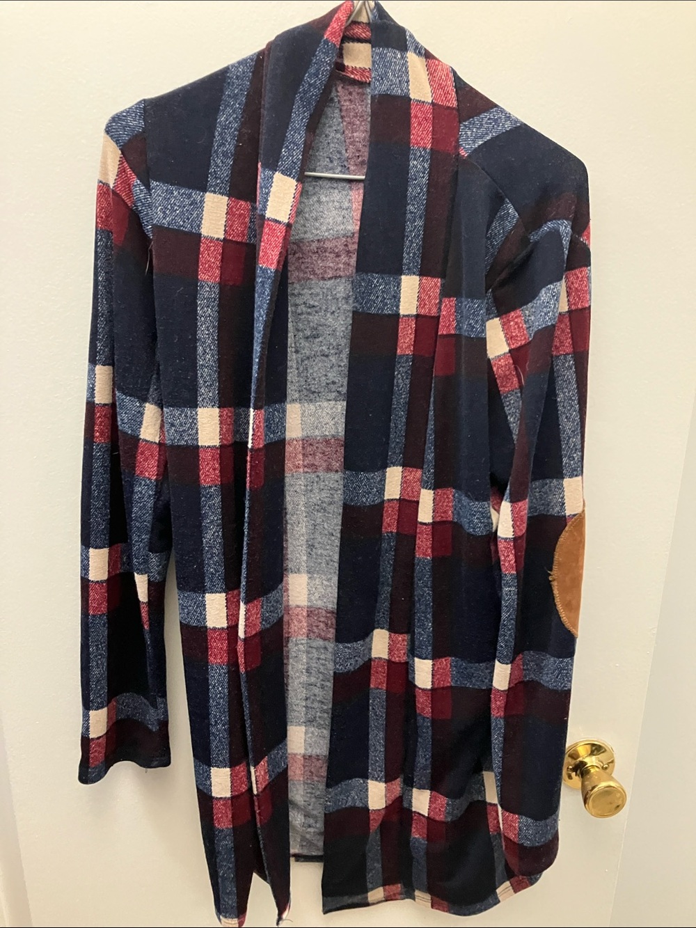 Plaid Open Front Cardigan Jacket in Navy, Red & Cream